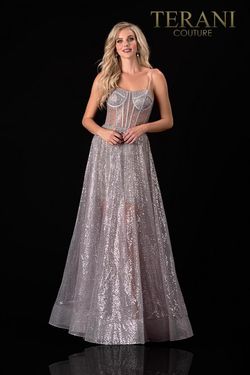Style 2111P4071 Terani Couture Silver Size 6 Floor Length A-line Dress on Queenly