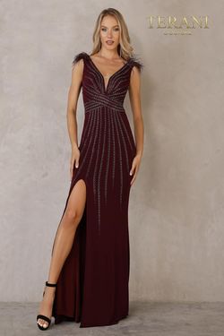 Style 2215P0036 Terani Couture Red Size 12 Plus Size Floor Length Side slit Dress on Queenly