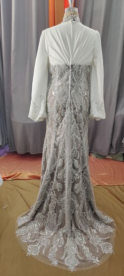 Style #jd-MBU long bishop sleeve empire waist wedding gown Darius Cordell White Size 12 Plus Size Floor Length Straight Dress on Queenly