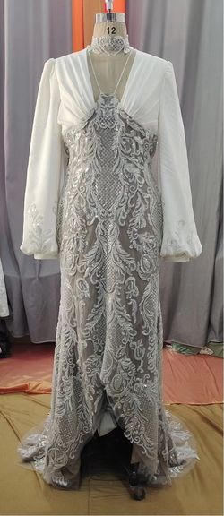 Style #jd-MBU long bishop sleeve empire waist wedding gown Darius Cordell White Size 12 Floor Length Plus Size Train Straight Dress on Queenly