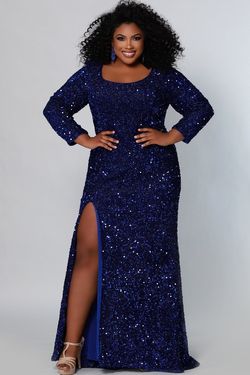 Style SC7320 Sydney's Closet Blue Size 24 Prom Jewelled Sleeves Plus Size Side slit Dress on Queenly