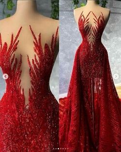 Style C2022RD003 sheer illusion neckline beaded sexy pageant evening gown Darius Cordell Red Size 6 Floor Length Jewelled Straight Dress on Queenly