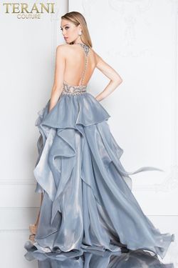 Style 1811P5782 Terani Couture Blue Size 0 Free Shipping Spaghetti Strap Black Tie Side slit Dress on Queenly