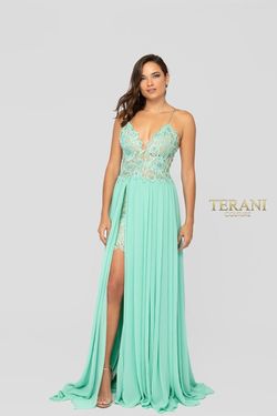 Style 1913P8324 Terani Couture Nude Size 0 Floor Length Light Green Free Shipping Prom Side slit Dress on Queenly
