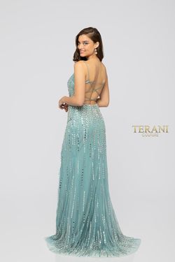 Style 1912P8232 Terani Couture Blue Size 8 Floor Length Side slit Dress on Queenly