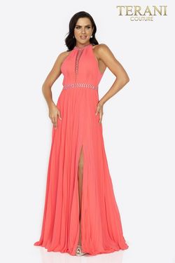 Style 2011P1115 Terani Couture Orange Size 4 Floor Length Coral Side slit Dress on Queenly