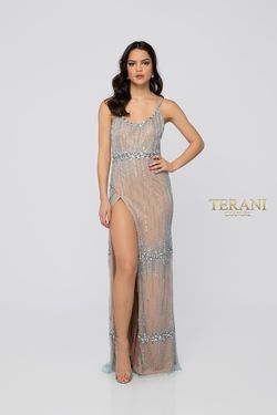Style 1912P8222 Terani Couture Nude Size 4 Light Blue Prom Side slit Dress on Queenly