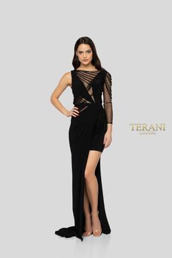 Style 1913P8392 Terani Couture Black Size 0 Prom Tall Height Floor Length Side slit Dress on Queenly