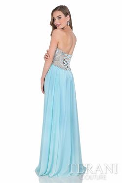 Style 1611P0207 Terani Couture Blue Size 2 Floor Length Free Shipping Black Tie Side slit Dress on Queenly