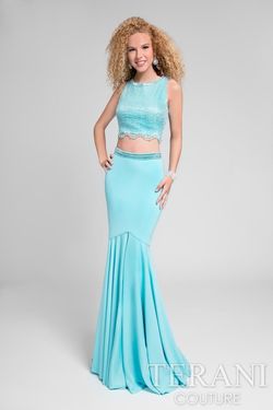 Style 1711P2687 Terani Couture Blue Size 4 Turquoise Prom Mermaid Dress on Queenly