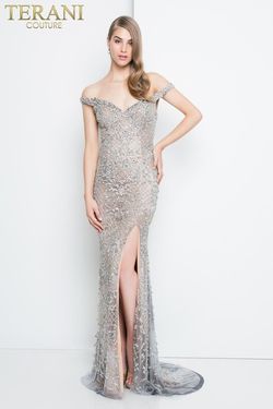 Style 1811P5261 Terani Couture Silver Size 0 Tall Height Pageant Free Shipping Side slit Dress on Queenly