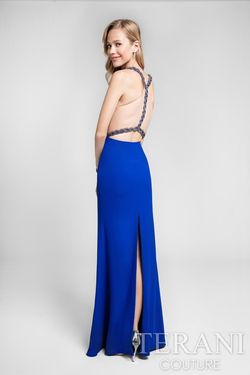 Style 1711P2350 Terani Couture Blue Size 8 Free Shipping Floor Length Straight Dress on Queenly