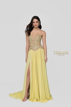 Style 1912P8239 Terani Couture Yellow Size 4 Tall Height Prom Side slit Dress on Queenly