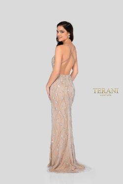 Style 1911P8112 Terani Couture Nude Size 4 Floor Length Side slit Dress on Queenly