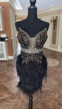 Jovani Black Size 4 Feather Midi Cocktail Dress on Queenly
