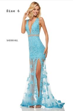 Sherri Hill Blue Size 6 Floor Length Plunge Side slit Dress on Queenly