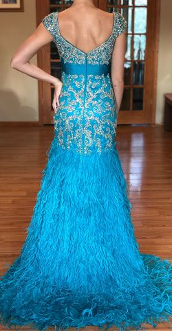 Mac Duggal Blue Size 4 Teal Feather Train Mermaid Dress on Queenly