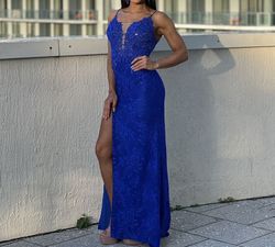 Clarisse Blue Size 2 Lace Backless Floor Length Sheer Side slit Dress on Queenly