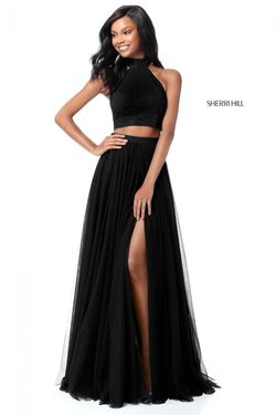Style 51721 Sherri Hill Black Size 0 Floor Length Side slit Dress on Queenly