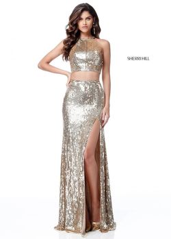 Style 51662 Sherri Hill Gold Size 4 Floor Length Pageant Side slit Dress on Queenly