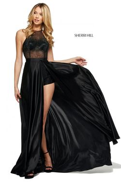 Style 53649 Sherri Hill Black Tie Size 10 Side slit Dress on Queenly