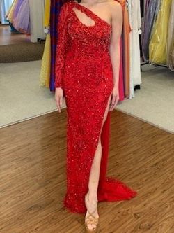 Style -1 Sherri Hill Red Size 6 Asymmetrical Jewelled Side slit Dress on Queenly