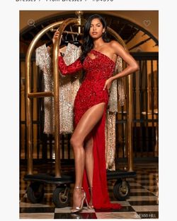 Style -1 Sherri Hill Bright Red Size 6 Jewelled Medium Height Side slit Dress on Queenly