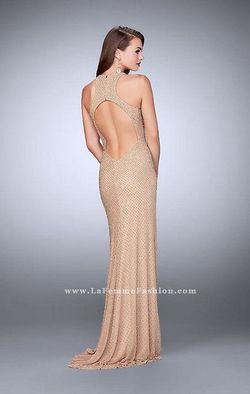 Style 23950 La Femme Blue Size 0 Plunge Floor Length Straight Dress on Queenly