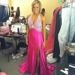 Mac Duggal Hot Pink Size 4 Floor Length Side Slit Jewelled Straight Dress on Queenly