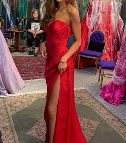 Jovani Red Size 0 Floor Length Silk Train Side slit Dress on Queenly