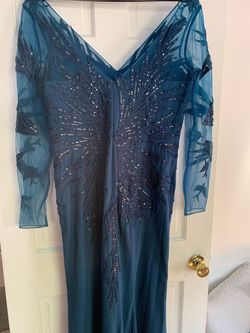 Alexander by Daymare Blue Size 14 Teal V Neck Sleeves Navy Train Dress on Queenly