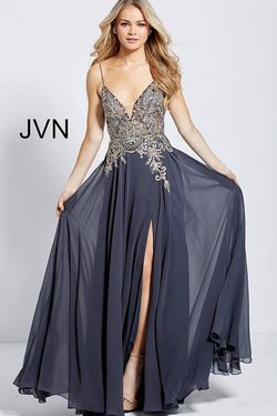 Style JVN55885 Jovani Silver Size 16 Sheer Tulle Side slit Dress on Queenly