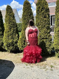 Jasz Couture Red Size 22 Prom Sheer Mermaid Dress on Queenly