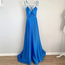 La Femme Blue Size 2 Plunge Side Slit Floor Length Ball gown on Queenly