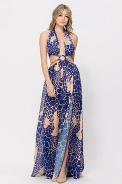 Style LD4210 The Clothing Company Blue Size 6 Halter Cut Out Tall Height Side slit Dress on Queenly