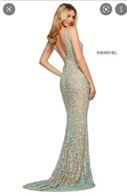 Style 53006 (2020) Sherri Hill Nude Size 8 V Neck Turquoise Floor Length Straight Dress on Queenly