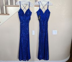 Style Royal Blue Sweetheart Neck Sleeveless Sequined Side Slit Formal Gown Adora Design Blue Size 12 Floor Length Polyester Plus Size Side slit Dress on Queenly