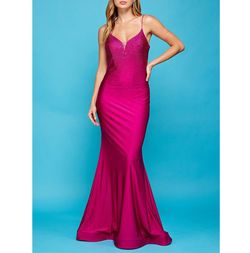 Style Fuchsia Rhinestone Plunge Neck Jersey Sleeveless Trumpet Gown Adora Design Hot Pink Size 8 Pageant Spaghetti Strap Mermaid Dress on Queenly