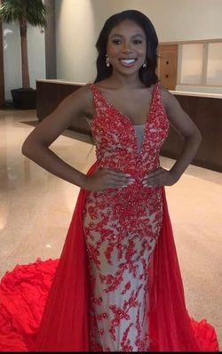 Jovani Red Size 2 Appearance Plunge Fully Beaded Overskirt Prom Train Dress on Queenly