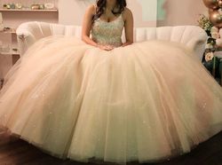Morrell Maxie Nude Size 4 Sweet 16 Ball Gown Floor Length Quinceanera Train Dress on Queenly