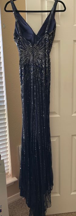 Sherri Hill Blue Size 6 Embroidery Navy Floor Length Jewelled Straight Dress on Queenly