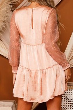 Style D61742 Peach Love California Gold Size 2 Sheer Mini Long Sleeve Cocktail Dress on Queenly