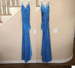Cinderella Divine Blue Size 4 Jewelled Sequined Prom Black Tie Side slit Dress on Queenly