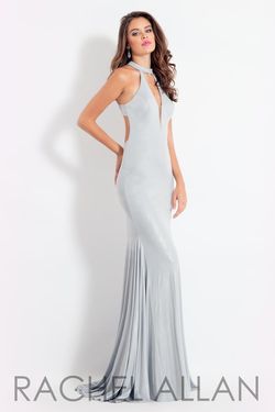 Style 6121 Rachel Allan Silver Size 4 Shiny Floor Length Prom Straight Dress on Queenly