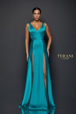 Terani Couture Green Size 8 Floor Length Pageant Black Tie Side slit Dress on Queenly