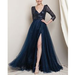 Style Navy Blue Sequined & Glitter Tulle 3/4 Sleeve Formal A-line Ball Gown Rosemore Couture Blue Size 6 Floor Length Sequined Ball gown on Queenly