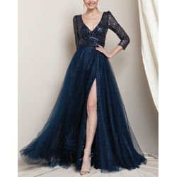 Style -1 Rosemore Couture Royal Blue Size 10 Side Slit Sequin Sequined Ball gown on Queenly
