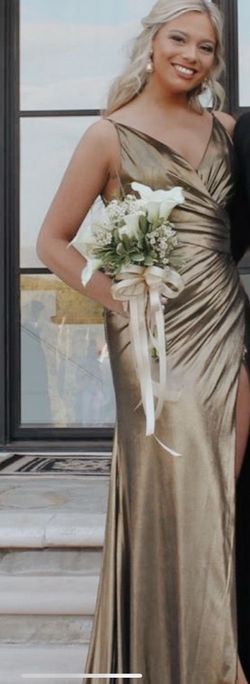 Jovani Gold Size 4 Black Tie Wedding Guest Straight Dress on Queenly