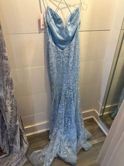 Jovani Light Blue Size 4 Free Shipping Embroidery Backless Mermaid Dress on Queenly