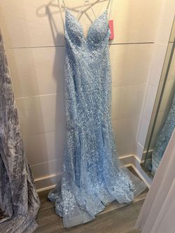 Jovani Light Blue Size 4 Free Shipping Embroidery Backless Mermaid Dress on Queenly